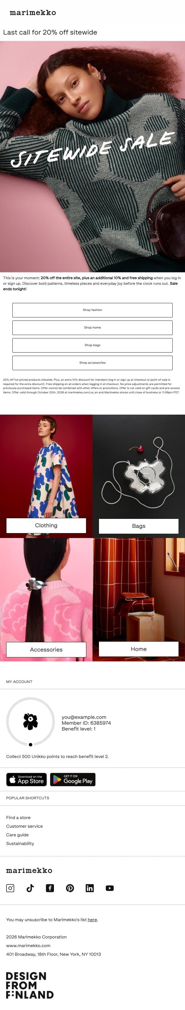 Sitewide sale ends tonight email from Marimekko screenshot