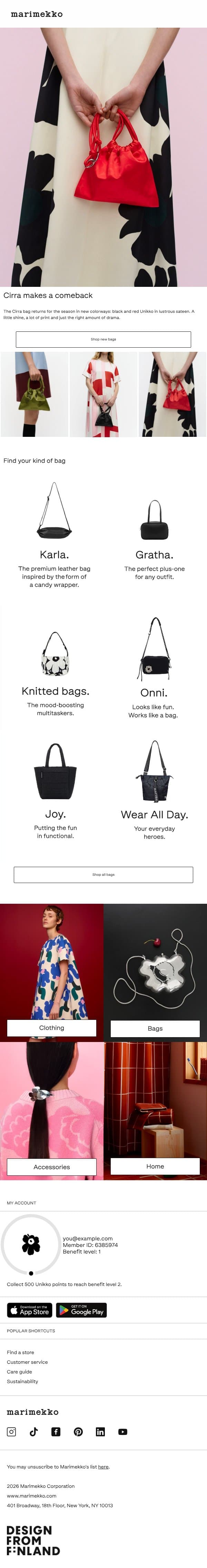 New in: the Cirra bag in Unikko email from Marimekko screenshot