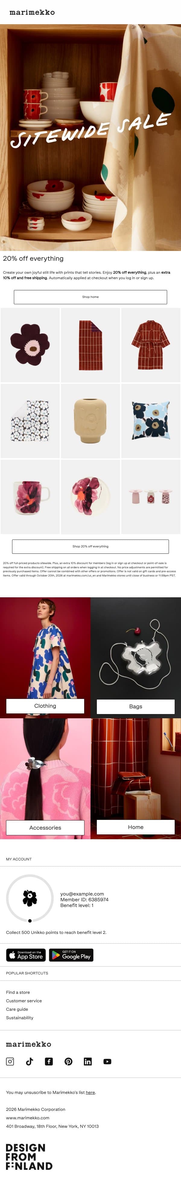 20% off everything for home email from Marimekko screenshot