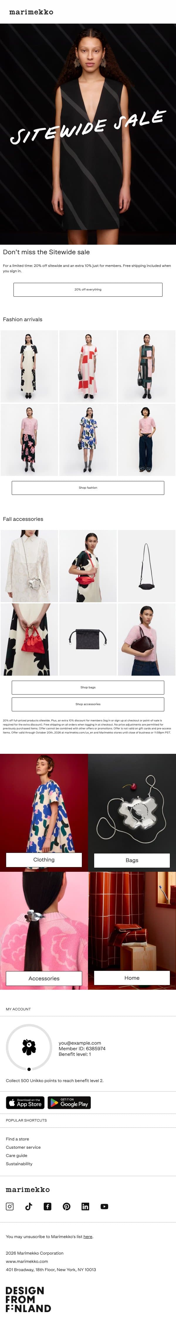 Fall favorites, now 20% off email from Marimekko screenshot