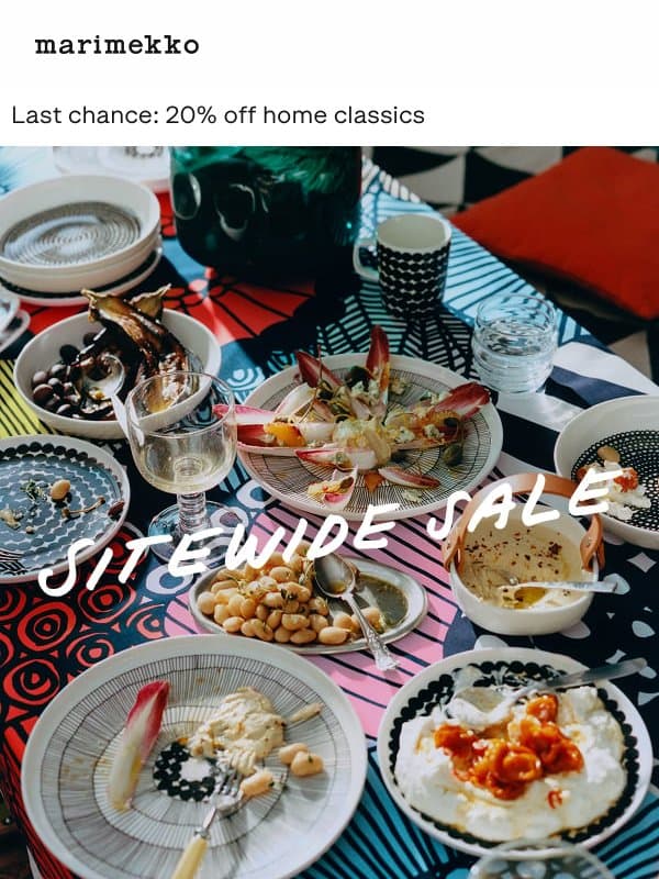 Ends tomorrow: 20% off everything email from Marimekko