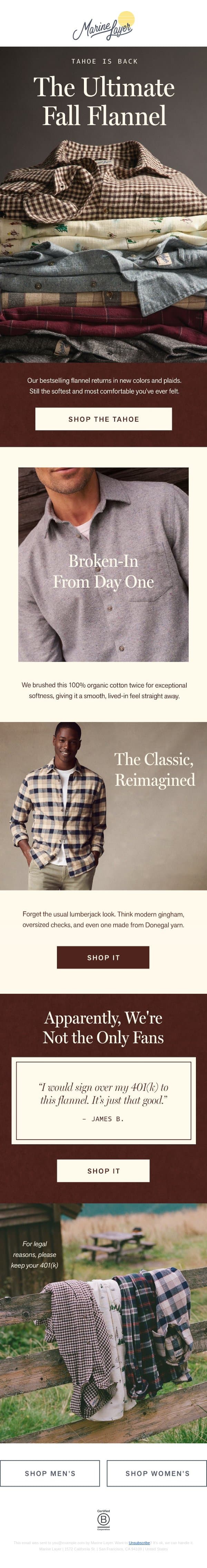 The Tahoe Flannel: Back by Popular Demand email from Marine Layer screenshot