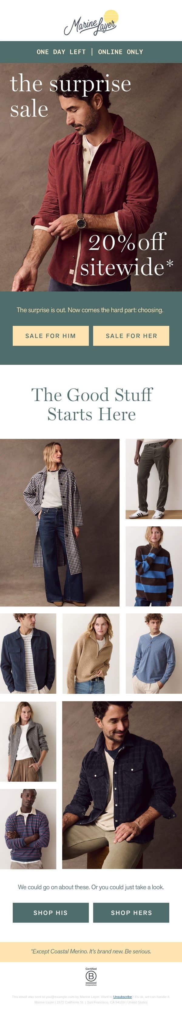 20% Off Sitewide—Just Because email from Marine Layer screenshot