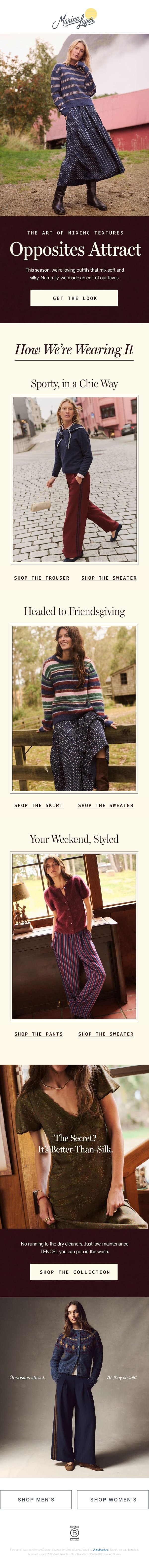 Cozy Sweaters, Silky Everything Else email from Marine Layer screenshot