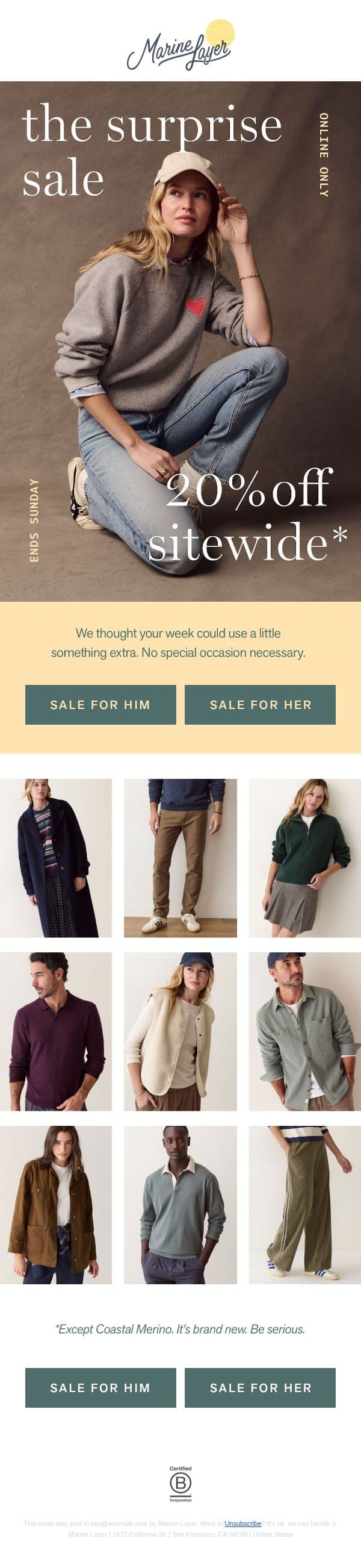 Surprise—20% Off Everything (Basically) email from Marine Layer screenshot