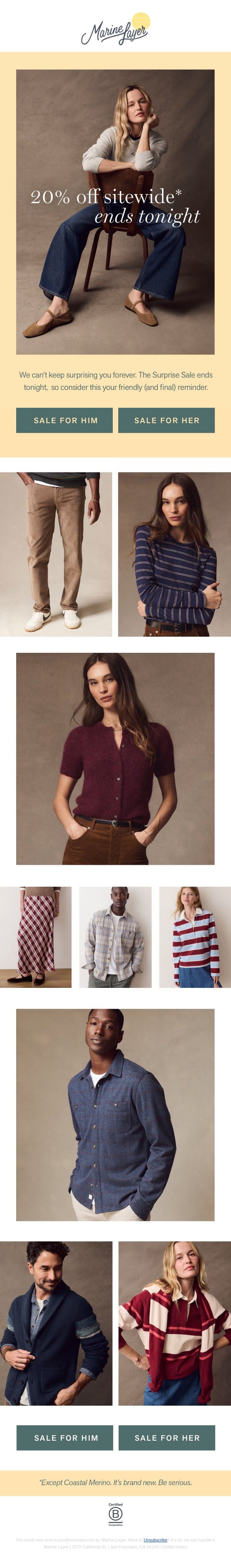 20% Off Sitewide Ends Midnight (!) email from Marine Layer screenshot