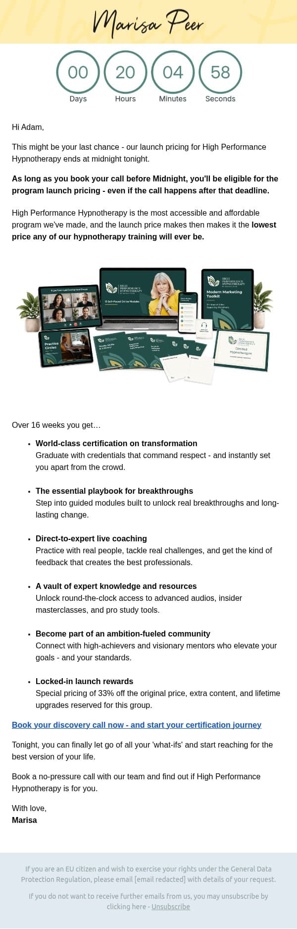 Your career upgrade expires tonight email from Marisa Peer screenshot
