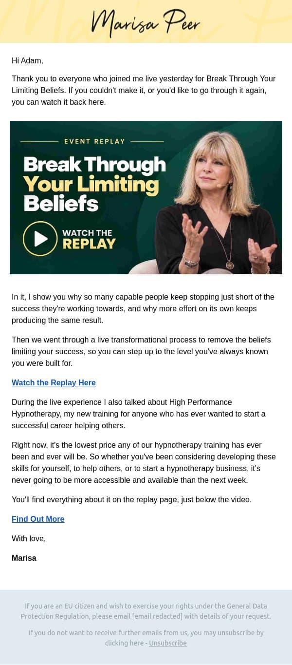 Your replay: Break Through Your Limiting Beliefs email from Marisa Peer screenshot
