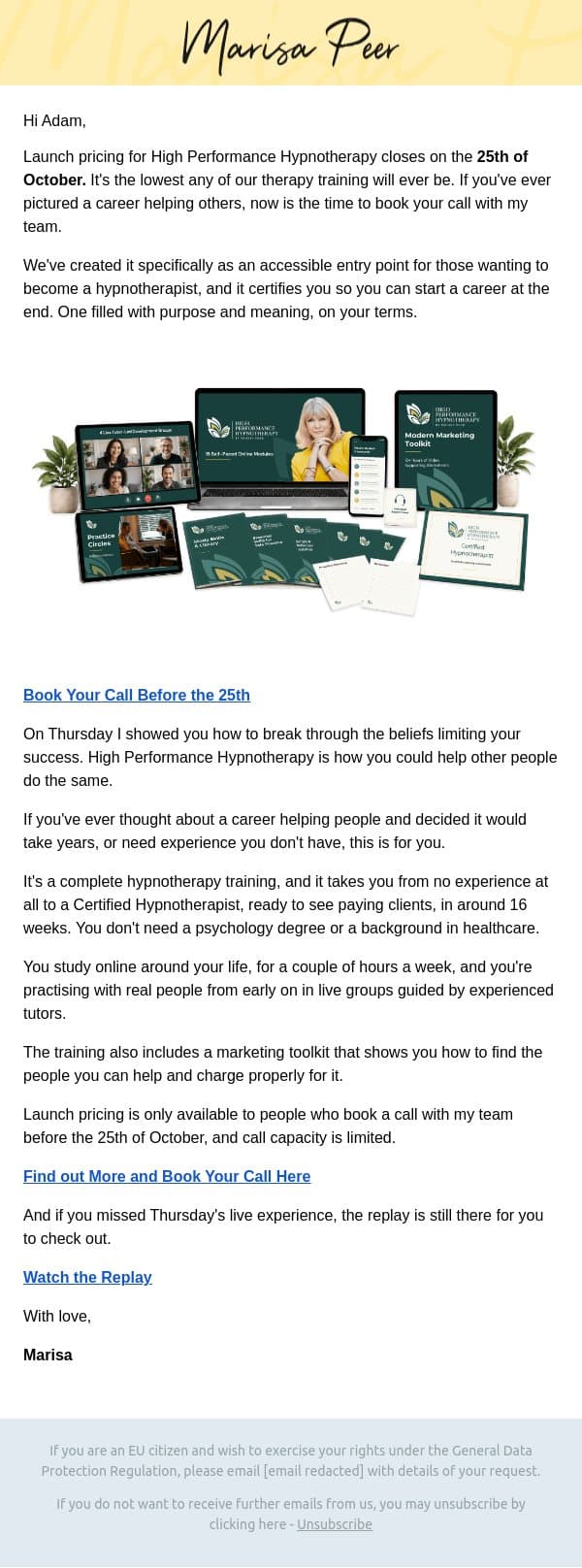 It'll never be like this again. email from Marisa Peer screenshot