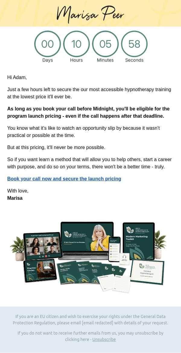 Last call email from Marisa Peer screenshot