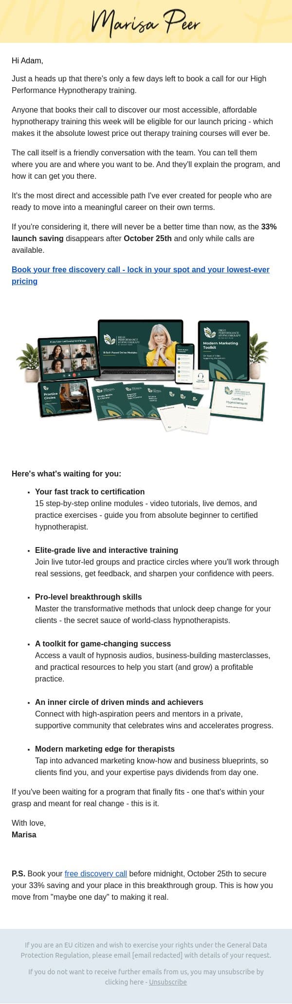 The most accessible path to a rewarding career email from Marisa Peer screenshot