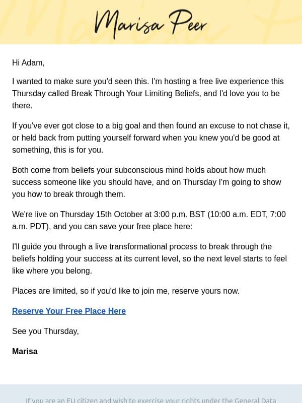 Have you saved your place for Thursday? email from Marisa Peer