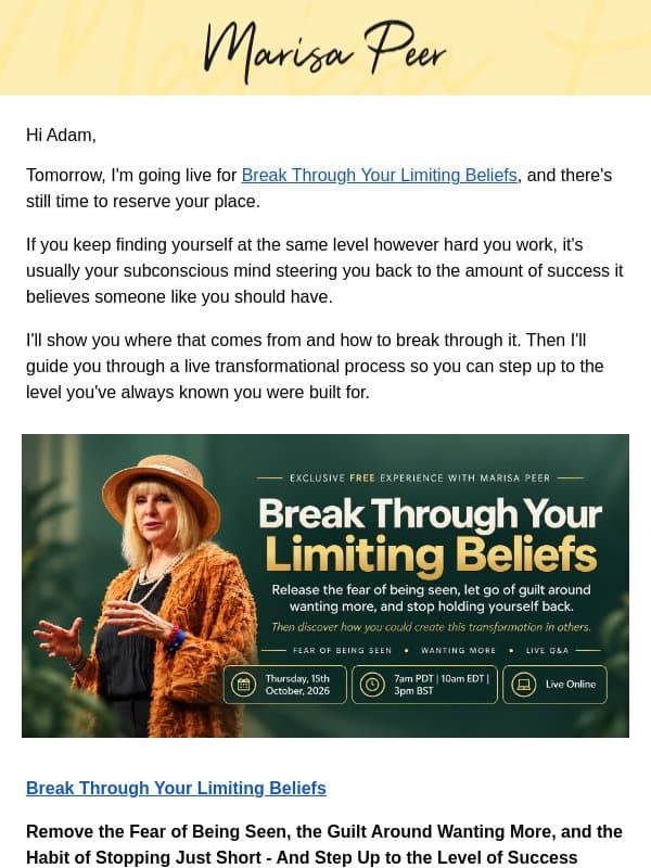Tomorrow we break through what's been holding your success back email from Marisa Peer