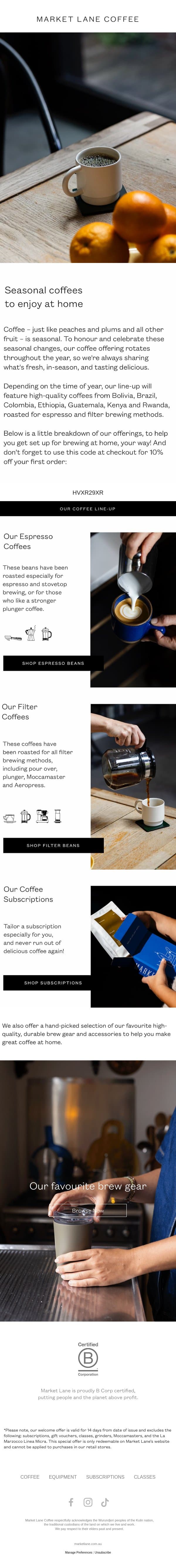 Celebrating seasonality in coffee email from Market Lane Coffee screenshot
