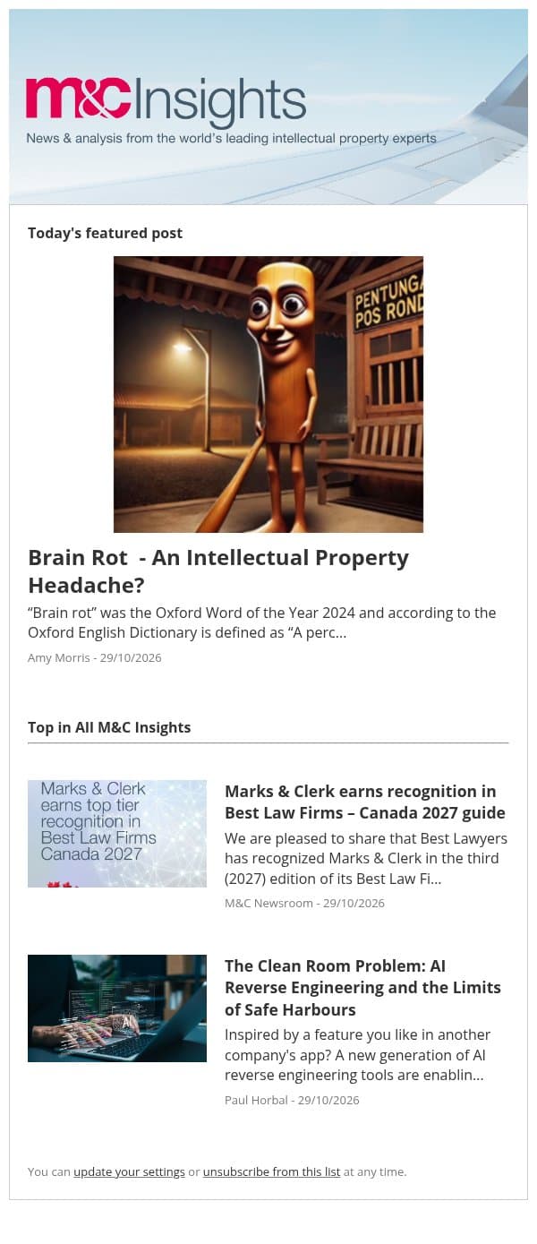 Brain Rot - An Intellectual Property Headache? email from Marks & Clerk screenshot