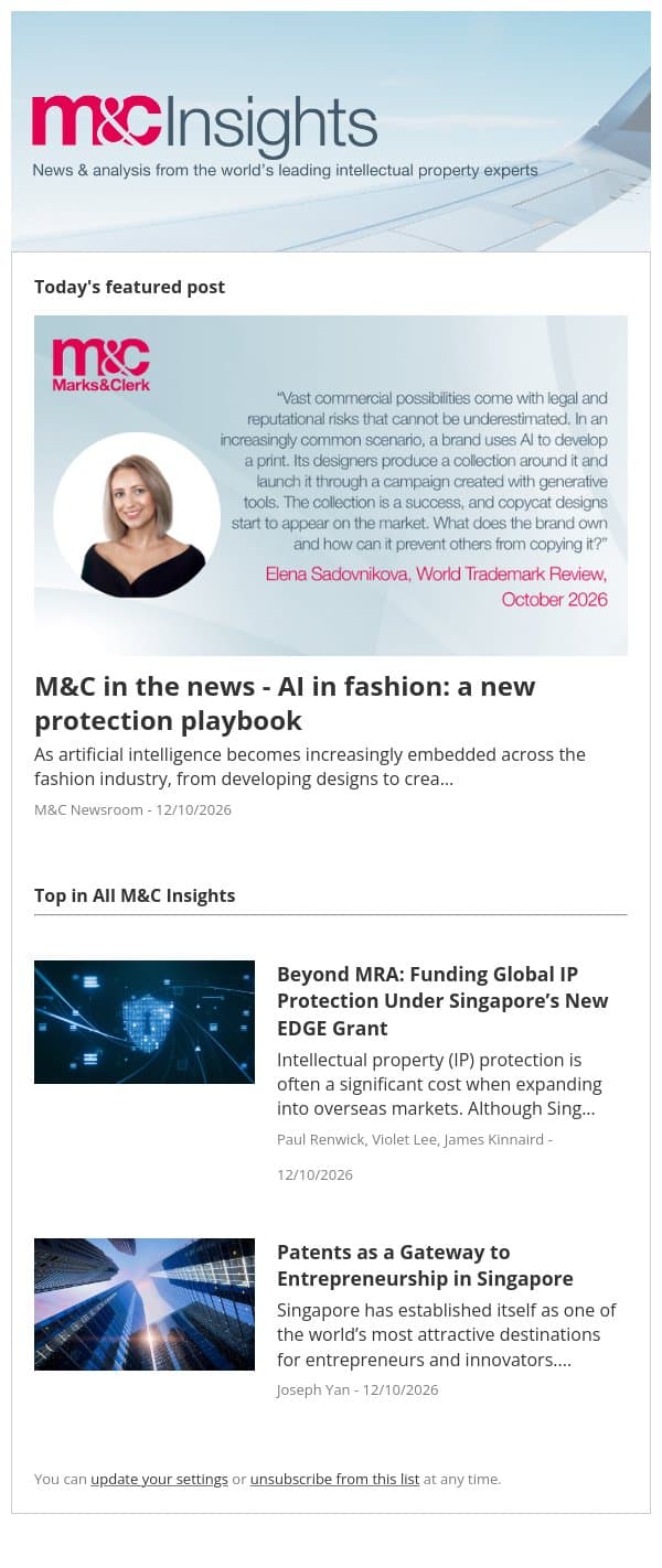 M&C in the news - AI in fashion: a new protection playbook email from Marks & Clerk screenshot