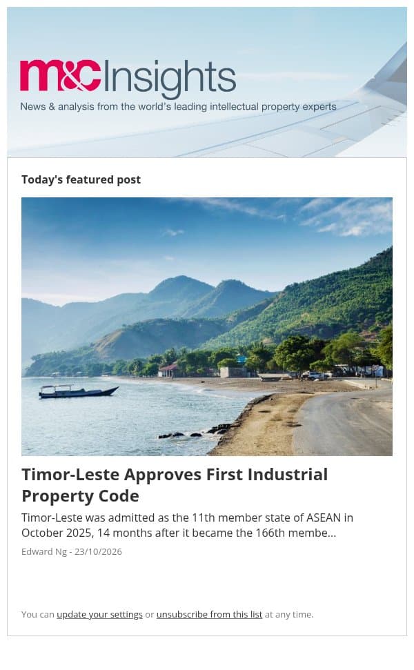 Timor-Leste Approves First Industrial Property Code email from Marks & Clerk screenshot