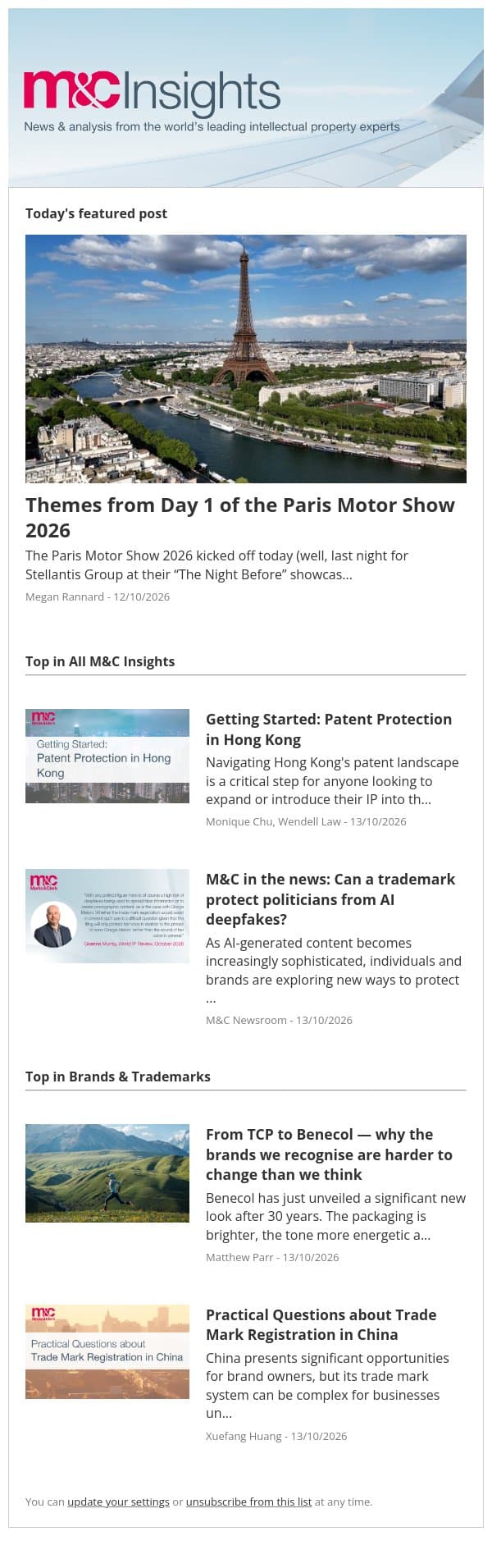 Themes from Day 1 of the Paris Motor Show 2026 email from Marks & Clerk screenshot