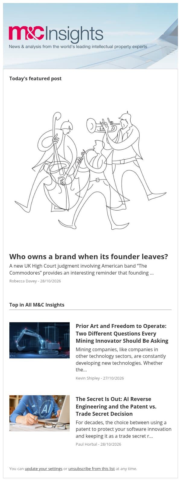 Who owns a brand when its founder leaves? email from Marks & Clerk screenshot