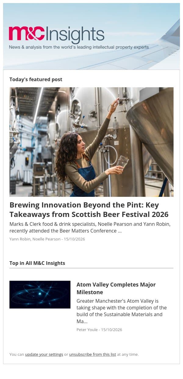 Brewing Innovation Beyond the Pint: Key Takeaways from Scottish Beer Festival 2026 email from Marks & Clerk screenshot