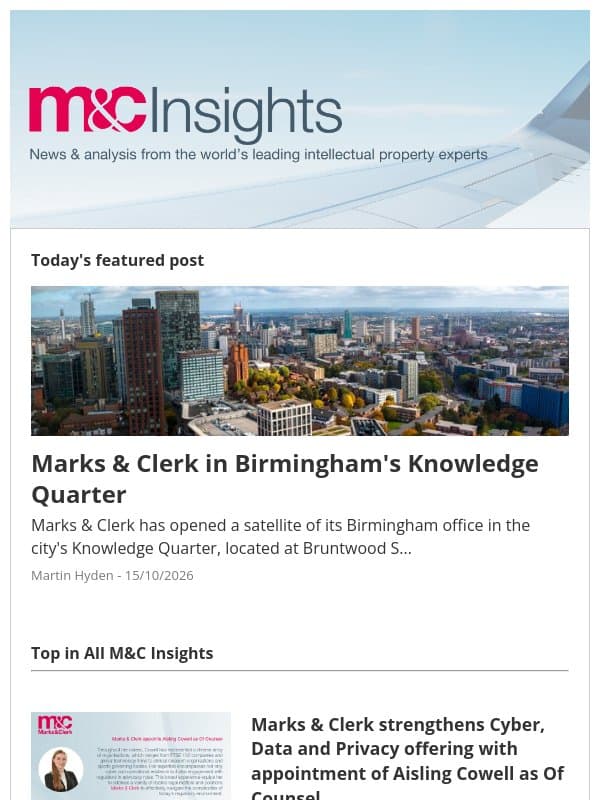 Marks & Clerk in Birmingham's Knowledge Quarter email from Marks & Clerk