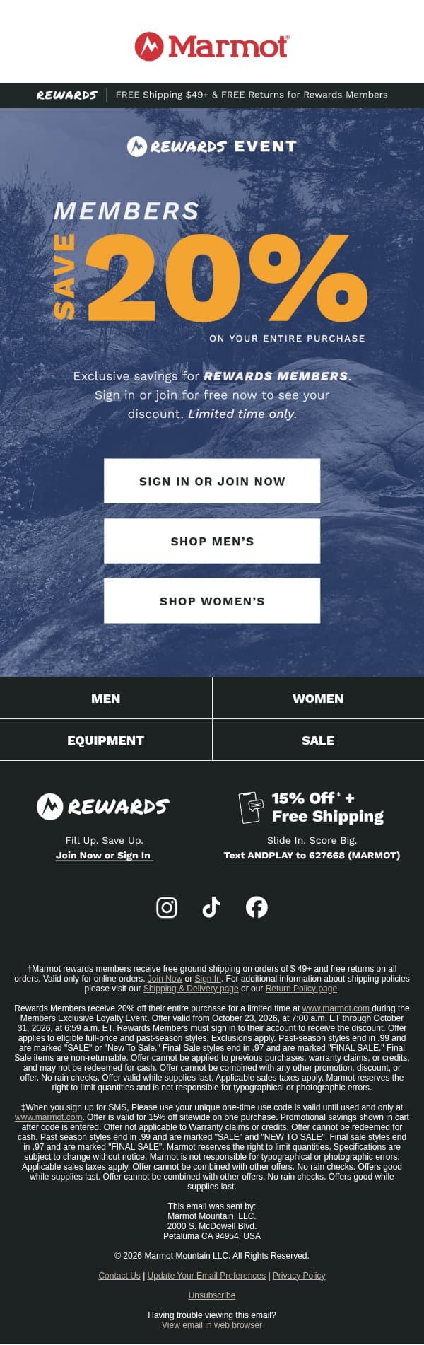 20% Off: Marmot Rewards Members Exclusive Sale Starts Now! email from Marmot screenshot