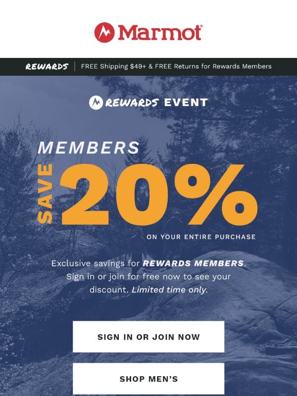 20% Off: Marmot Rewards Members Exclusive Sale Starts Now! email from Marmot