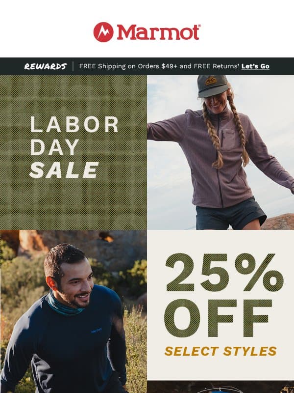 Labor Day Sale is ON! Save 25% Off Select Styles + an EXTRA 25% off past-season gear email from Marmot