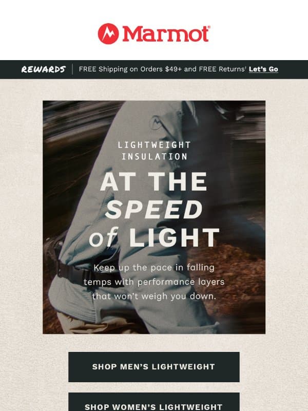 Lightweight Warmth for Fall email from Marmot
