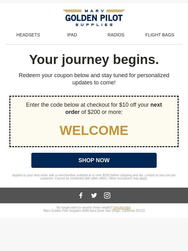 Your coupon awaits 🛩️ email from Marv Golden Pilot Supplies screenshot