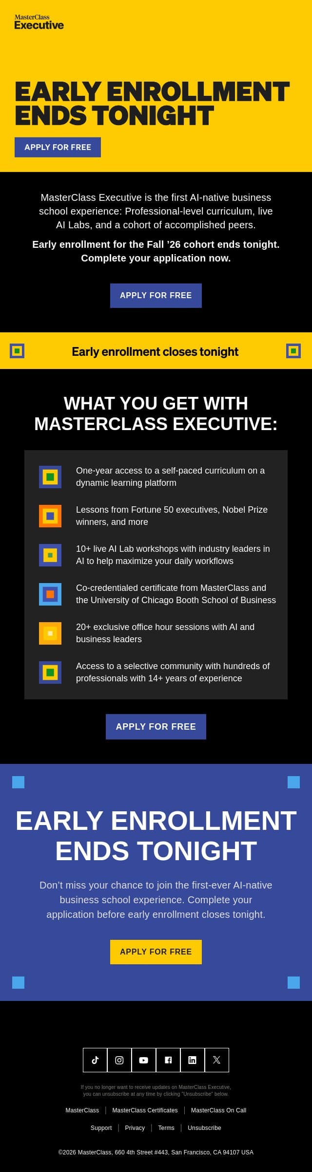 Last chance: Early enrollment ends tonight email from MasterClass screenshot