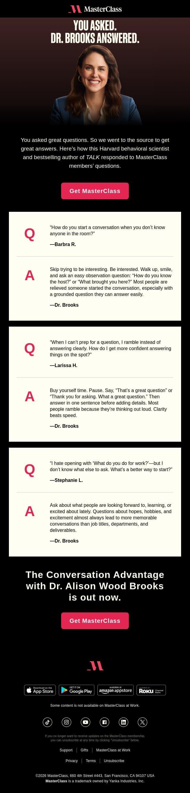 The conversation Q&A is in session email from MasterClass screenshot