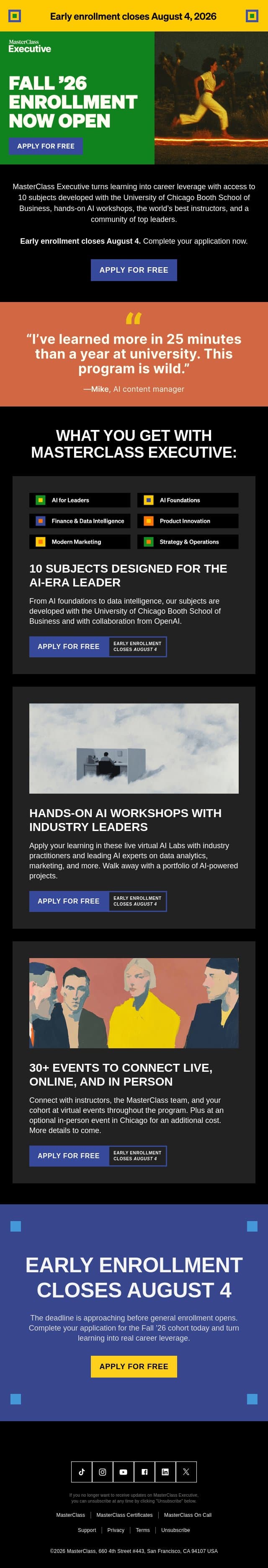 Apply now: Fall ’26 enrollment is now open email from MasterClass screenshot