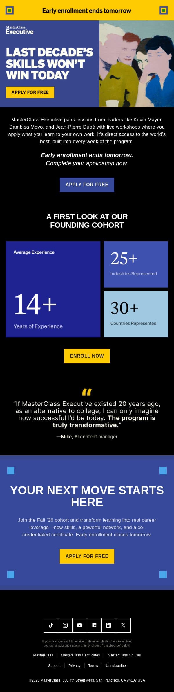 Closing tomorrow: Apply for the Fall ’26 cohort email from MasterClass screenshot