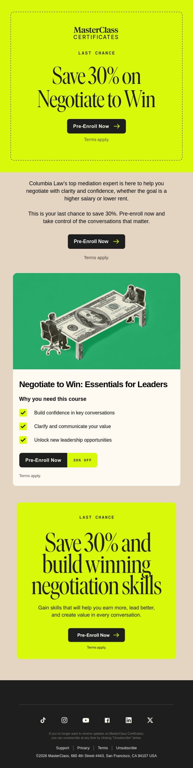 Last chance: Save 30% on career-boosting negotiation email from MasterClass screenshot