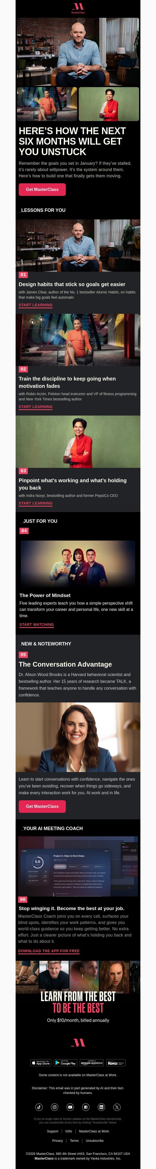 Halfway through the year and feeling stuck? email from MasterClass screenshot