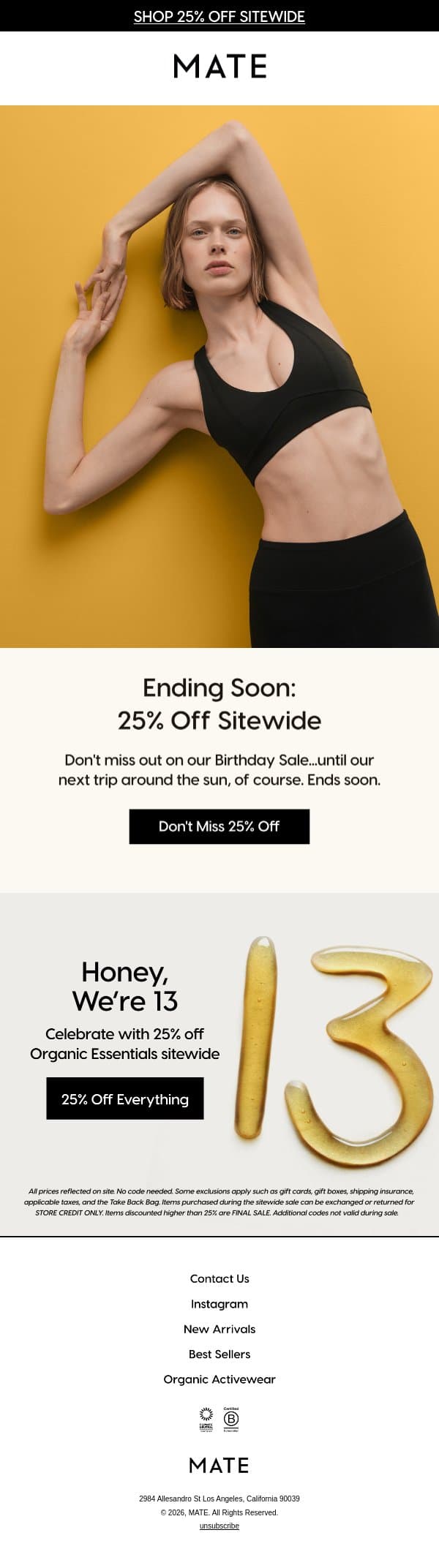 ENDING SOON: 25% OFF SITEWIDE email from MATE the Label screenshot