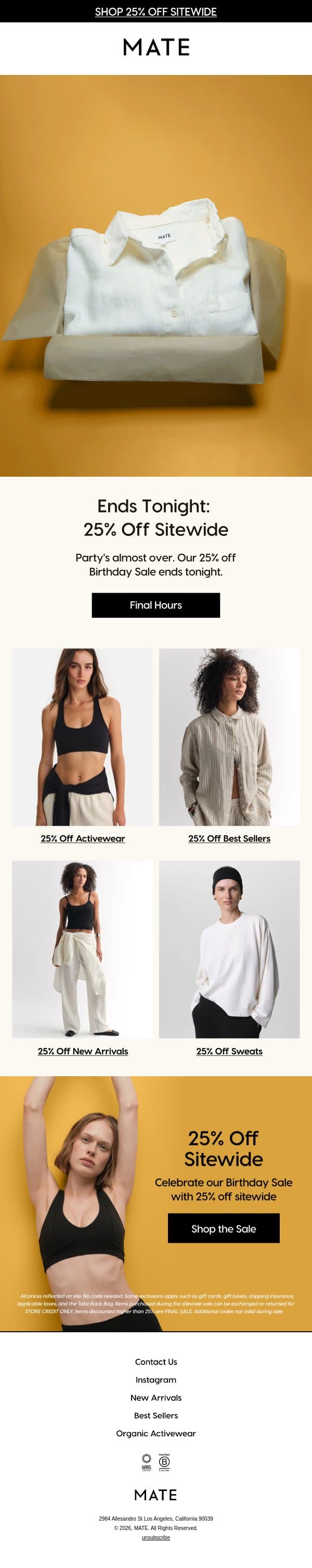FINAL HOURS: 25% OFF SITEWIDE email from MATE the Label screenshot
