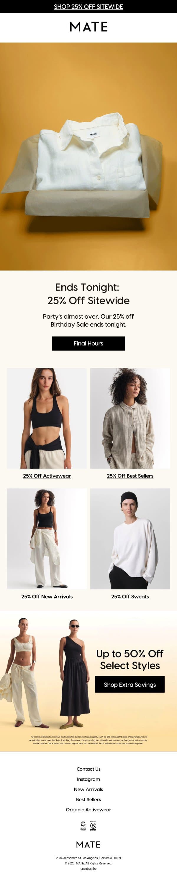 ENDS TONIGHT: 25% OFF SITEWIDE email from MATE the Label screenshot