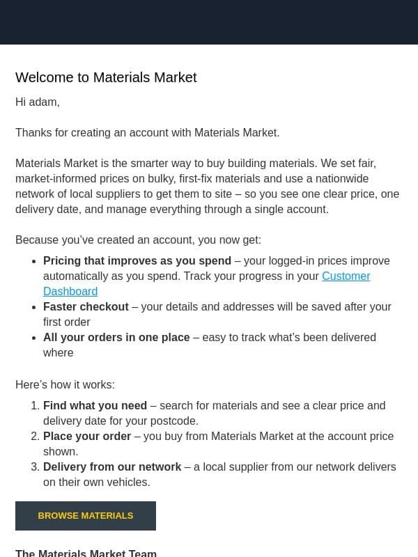 Welcome to Materials Market email from Materials Market