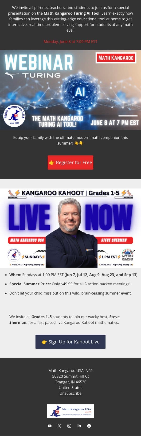 📣This Sunday and Monday: FREE Kangaroo AI Webinar + Kahoot Fun email from Math Kangaroo screenshot