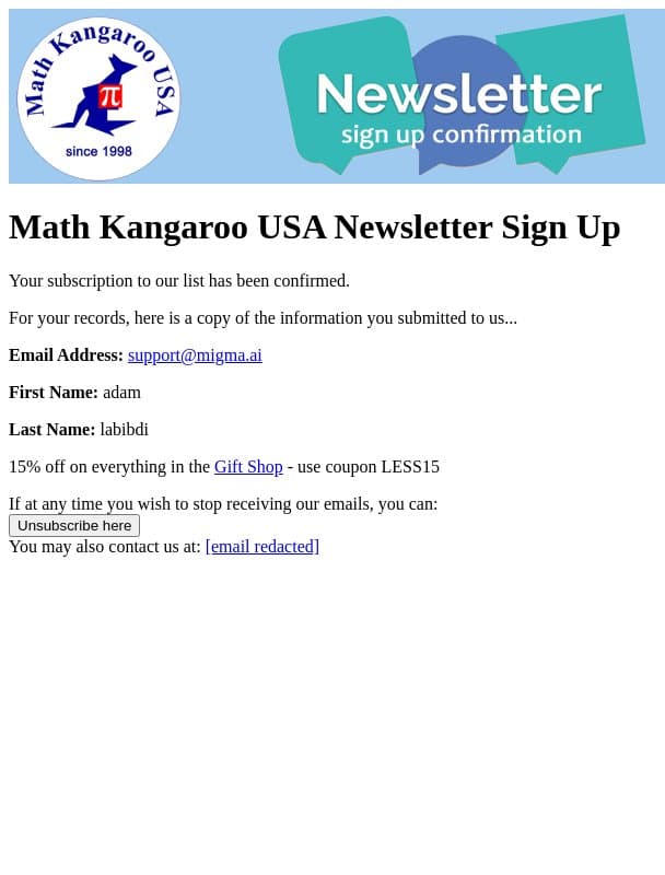Math Kangaroo USA Newsletter: Subscription Confirmed email from Math Kangaroo screenshot