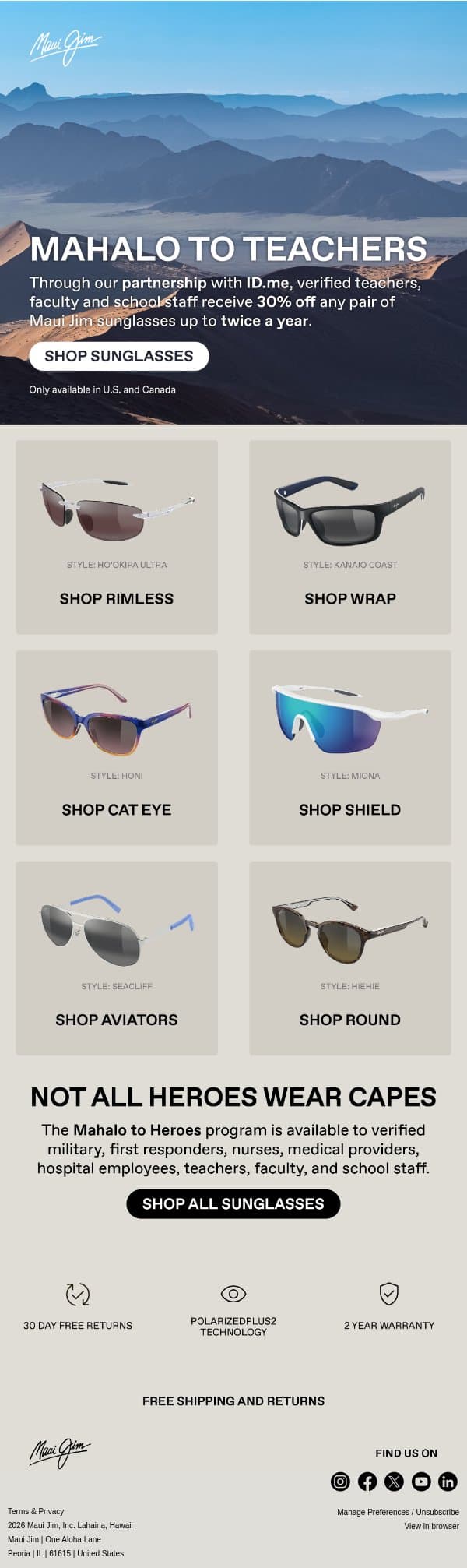 Teachers Enjoy 30% Off email from Maui Jim screenshot