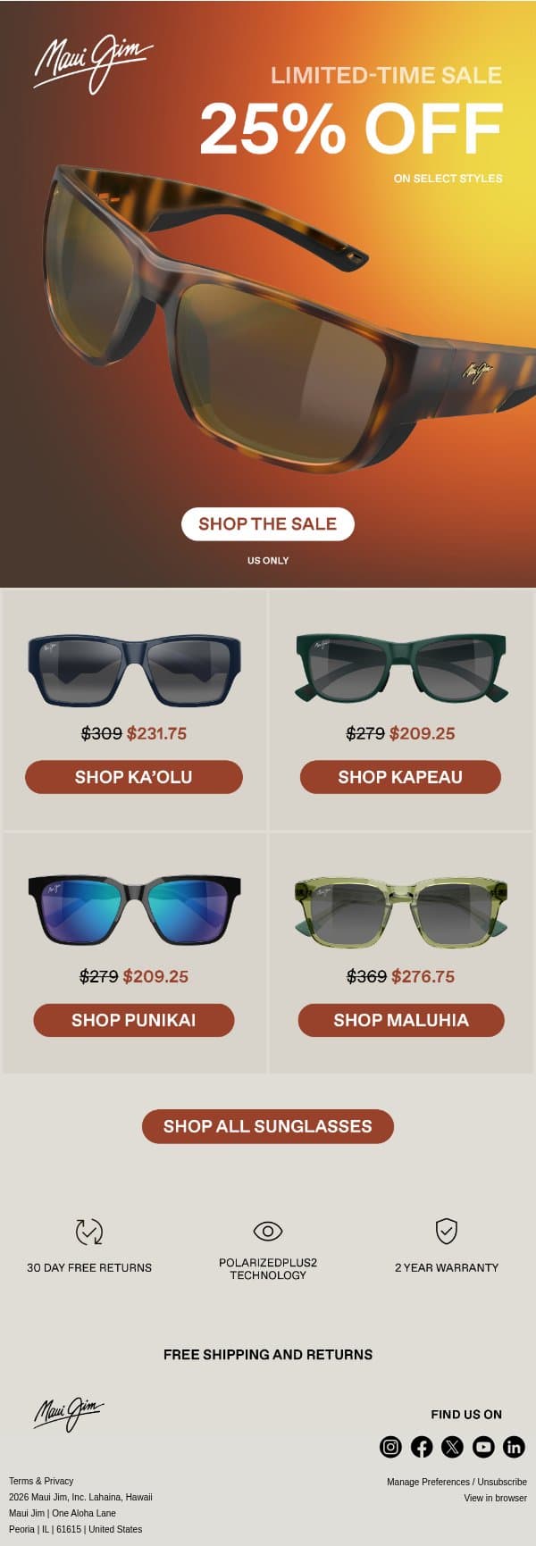 Selet Styles. 25% Off. email from Maui Jim screenshot