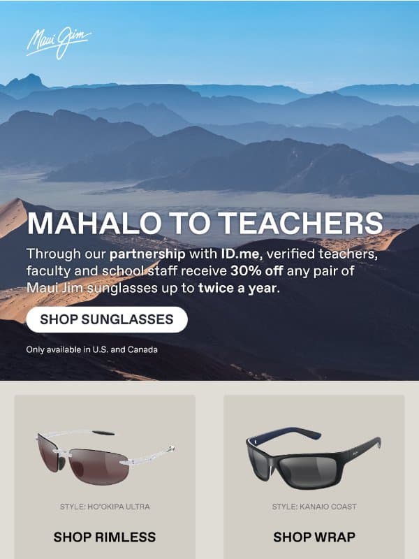 Teachers Enjoy 30% Off email from Maui Jim