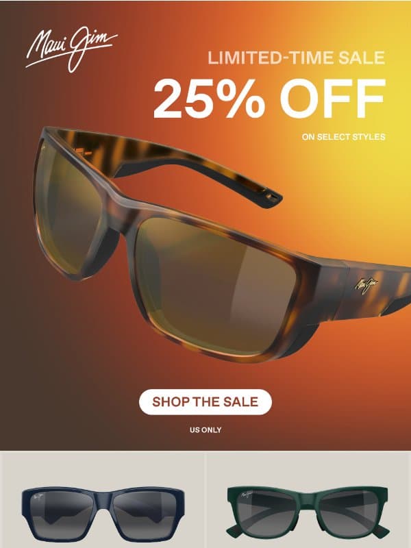Selet Styles. 25% Off. email from Maui Jim