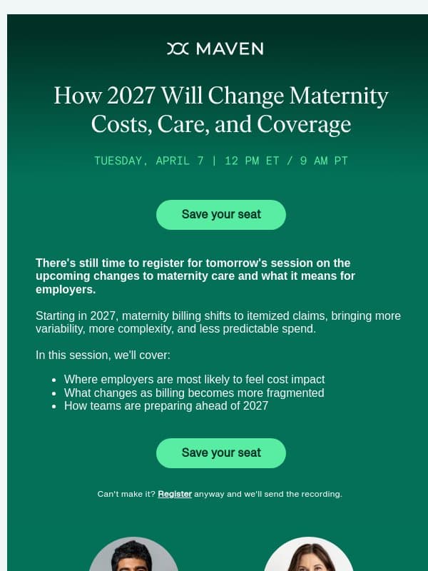 Tomorrow: a major shift in maternity costs is coming email from Maven Clinic