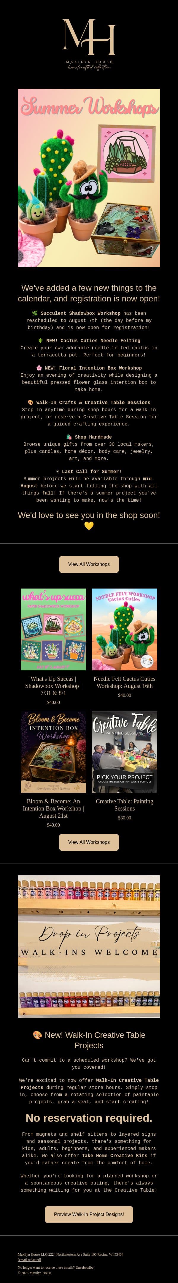 🌿 New Workshops Are Here! email from Maxilyn House screenshot