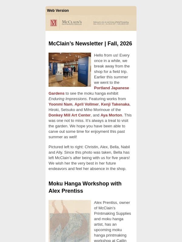 McClain's Newsletter | Fall, 2026 email from McClain's Printmaking Supplies