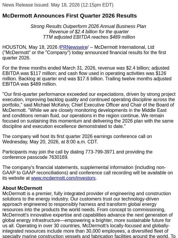 McDermott Announces First Quarter 2026 Results email from McDermott International